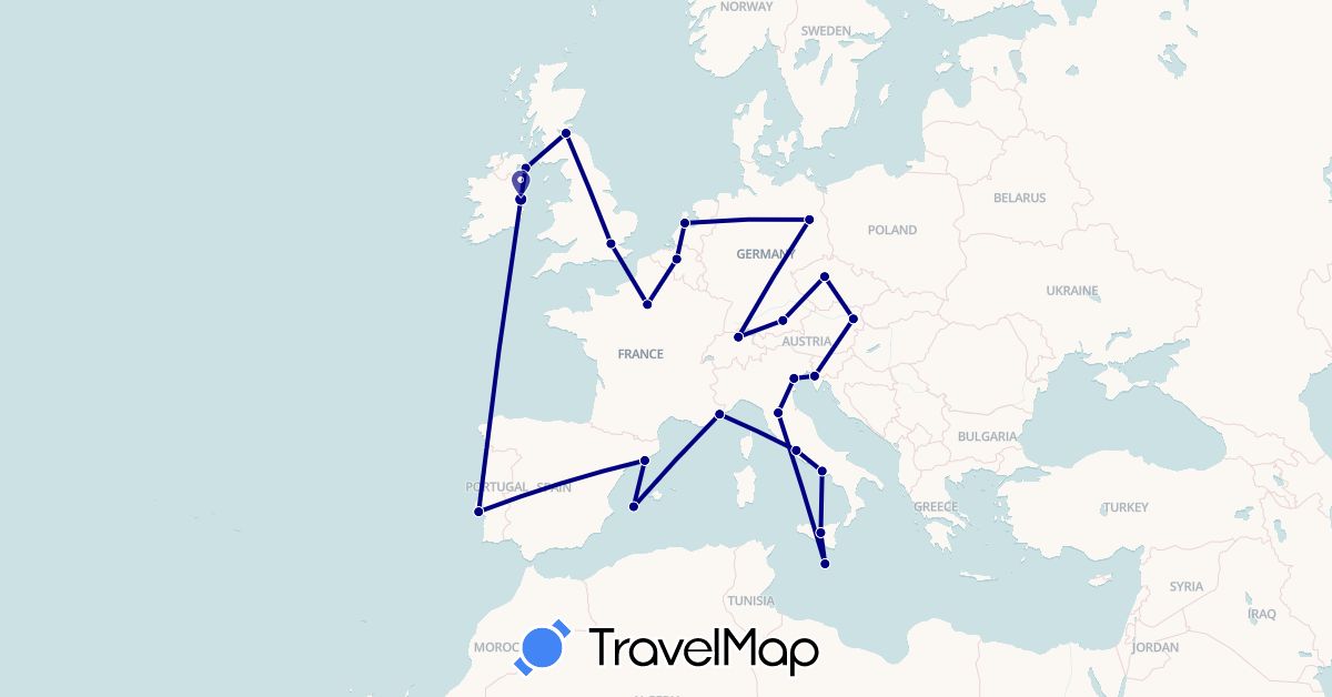 TravelMap itinerary: driving in Austria, Belgium, Switzerland, Czech Republic, Germany, Spain, France, United Kingdom, Ireland, Italy, Malta, Netherlands, Portugal, Slovenia (Europe)